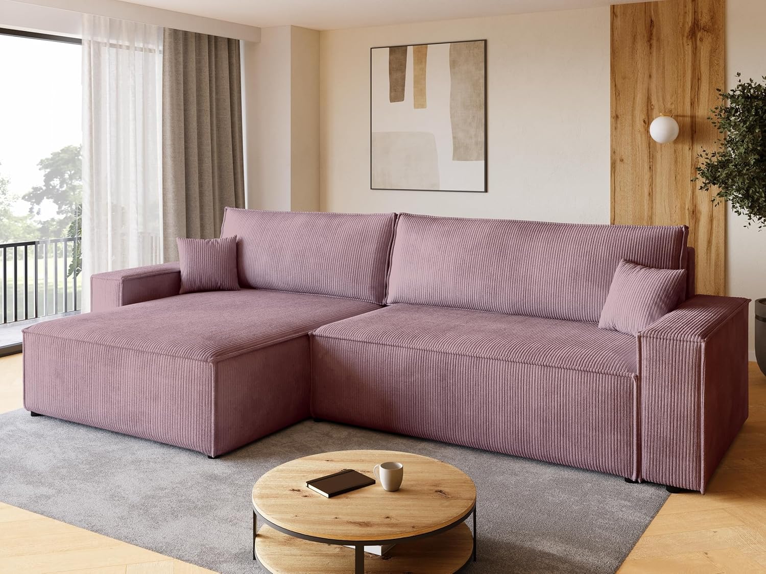 BROMARKT Sofa mit Schlaffunktion Couch L Cordstoff Sofa Bettkasten Schlafsofa für Wohnzimmer Ecksofa freistehend Adi XL Relaxsofa 3 sitzer 272x143x85 cm Rosa