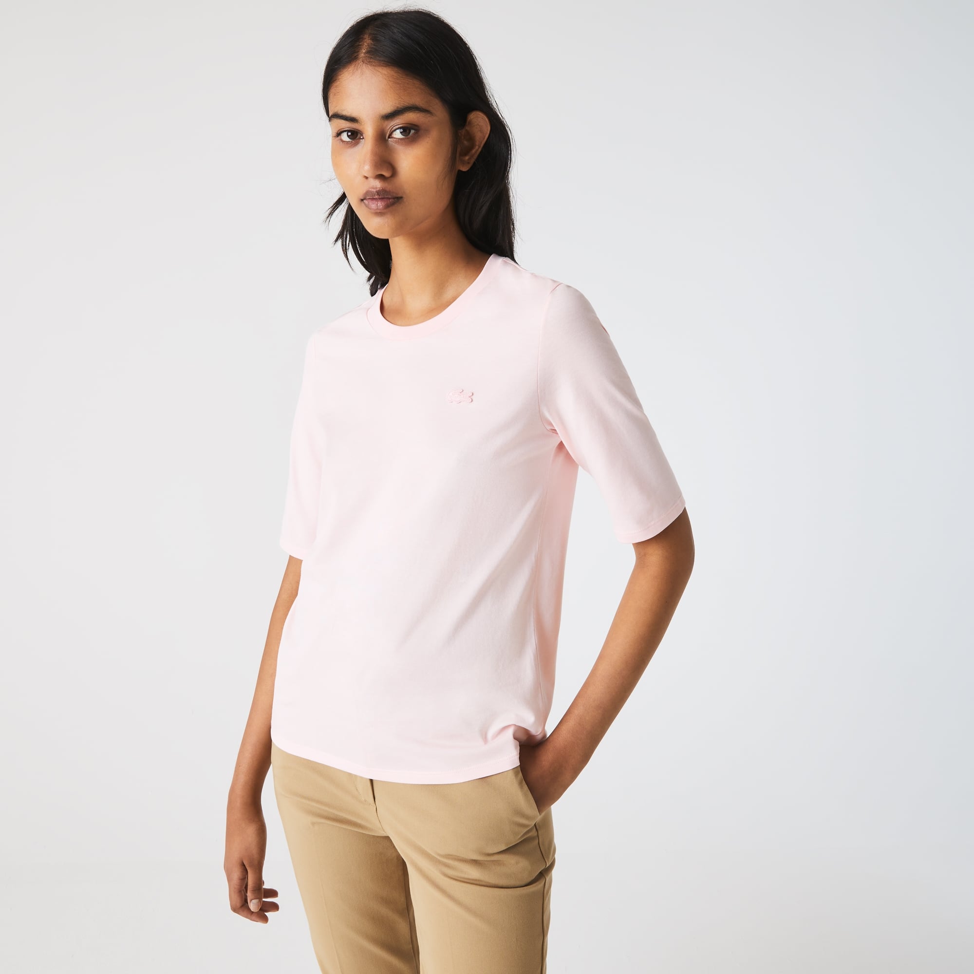 T-shirt à col rond et manches trois-quarts en coton uni T-Shirts - Rose - Lacoste - Femme