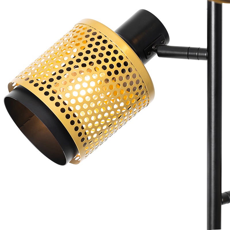 QAZQA - Industrieel I Vintage I Industrieel I Vintage I Staande lamp Zwart met goud I Messing 3 lampen - Kayden I Woonkamer I Slaapkamer - Staal Langwerpig - LED-compatibel E14