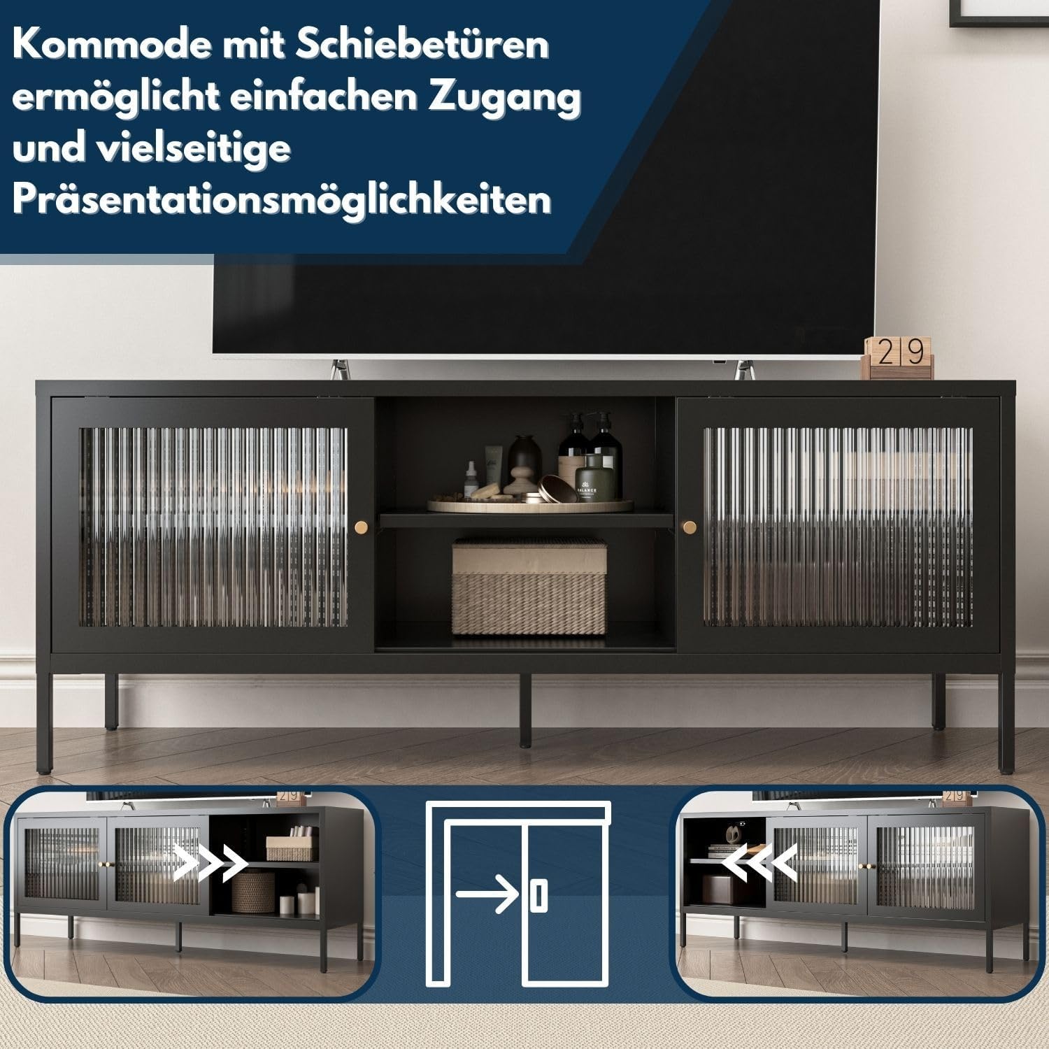 Modernes Sideboard 'Tokio' Schwarz - Praktisches Lowboard für Wohn- oder Schlafzimmer - Metall TV-Schrank mit Regalablage und schiebbaren Glastüren - Kommode für Fernseher, HiFi, Bücher, Dekoration