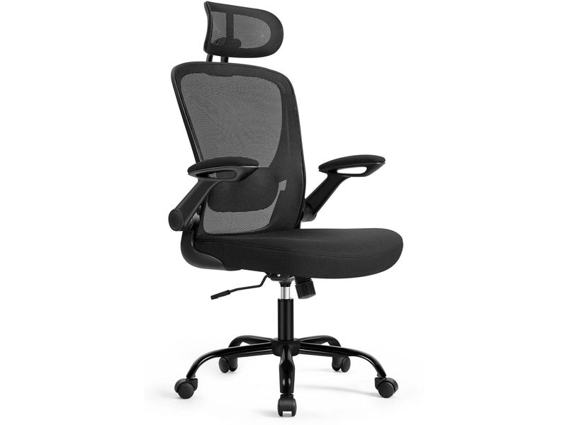 Songmics Bürostuhl mit klappbaren Armlehnen Ergonomischer Schreibtischstuhl mit atmungsaktivem Netz, klappbaren Armlehnen, verstellbarer Lendenwirbelstütze und Kopfstütze