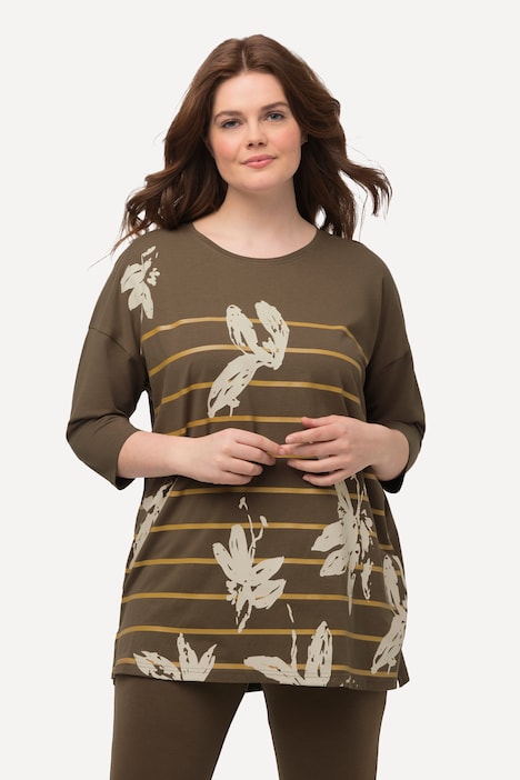Shirt, Ringel, Oversized, Rundhals, 3/4-Arm, Biobaumwolle