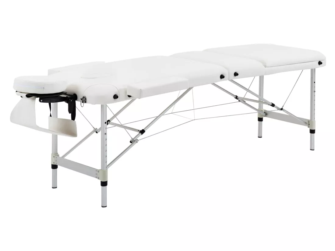 Table de massage pliable 3 zones hauteur réglable dim. 215L x 60l x 61-84H cm alu. synthétique PVC blanc
