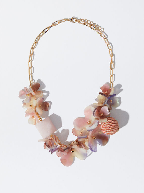 Colar de flores com pedra semipreciosa - Multicolorido