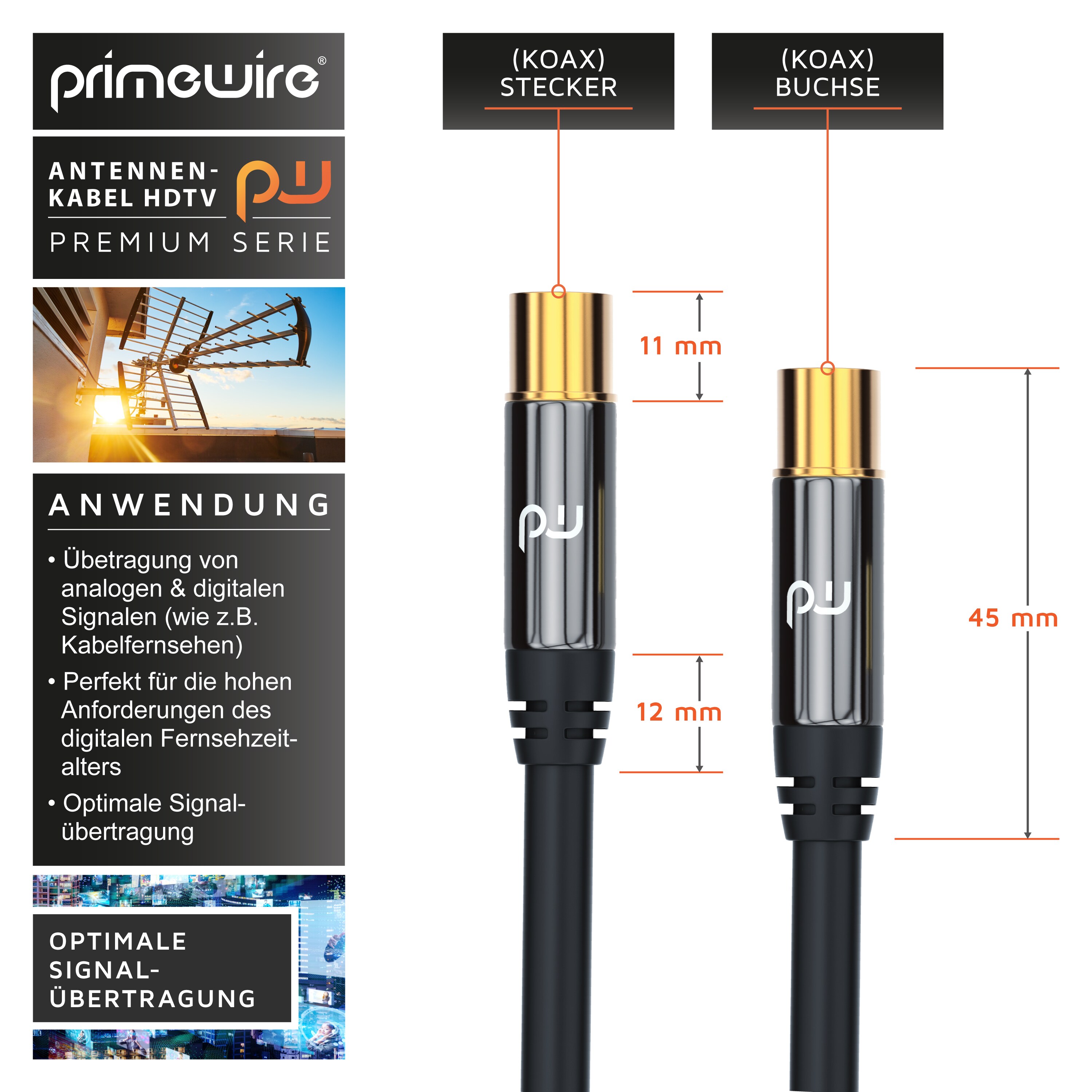 Primewire HDTV Antennenkabel mit 4-fach Schirmung IEC-Stecker zu RF-Buchse / 75 Ohm / 135dB - 15 m