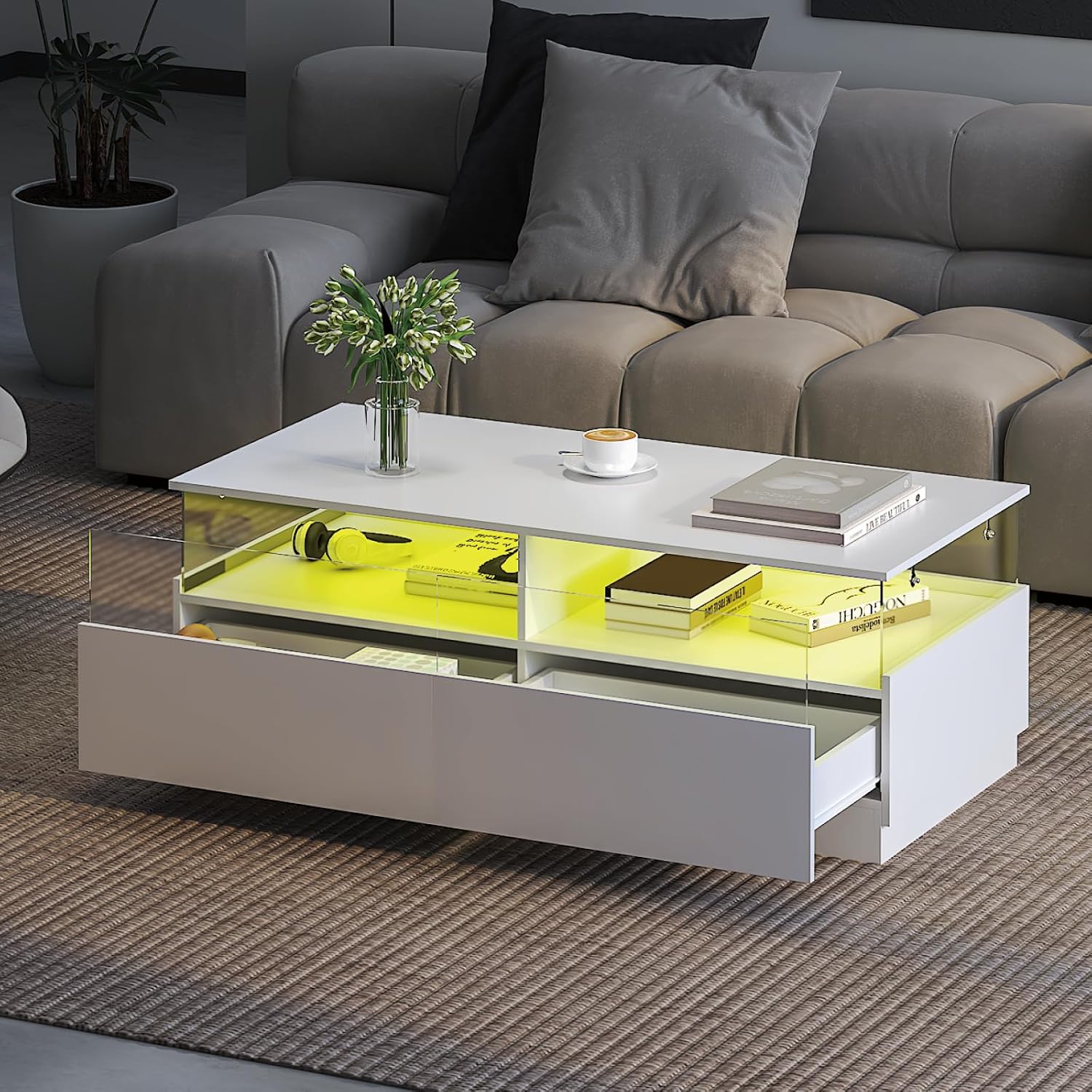 Couchtisch, Wohnzimmertisch mit 16-Farbiger LED Beleuchtung, für Wohnzimmer 108x50x40cm (Weiß)
