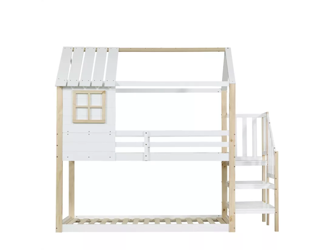 Lits superposés cabane avec escaliers d'angle et clôtures - 2 x 90 x 200 cm - double certifié FSC et EN747 - Pin - Blanc