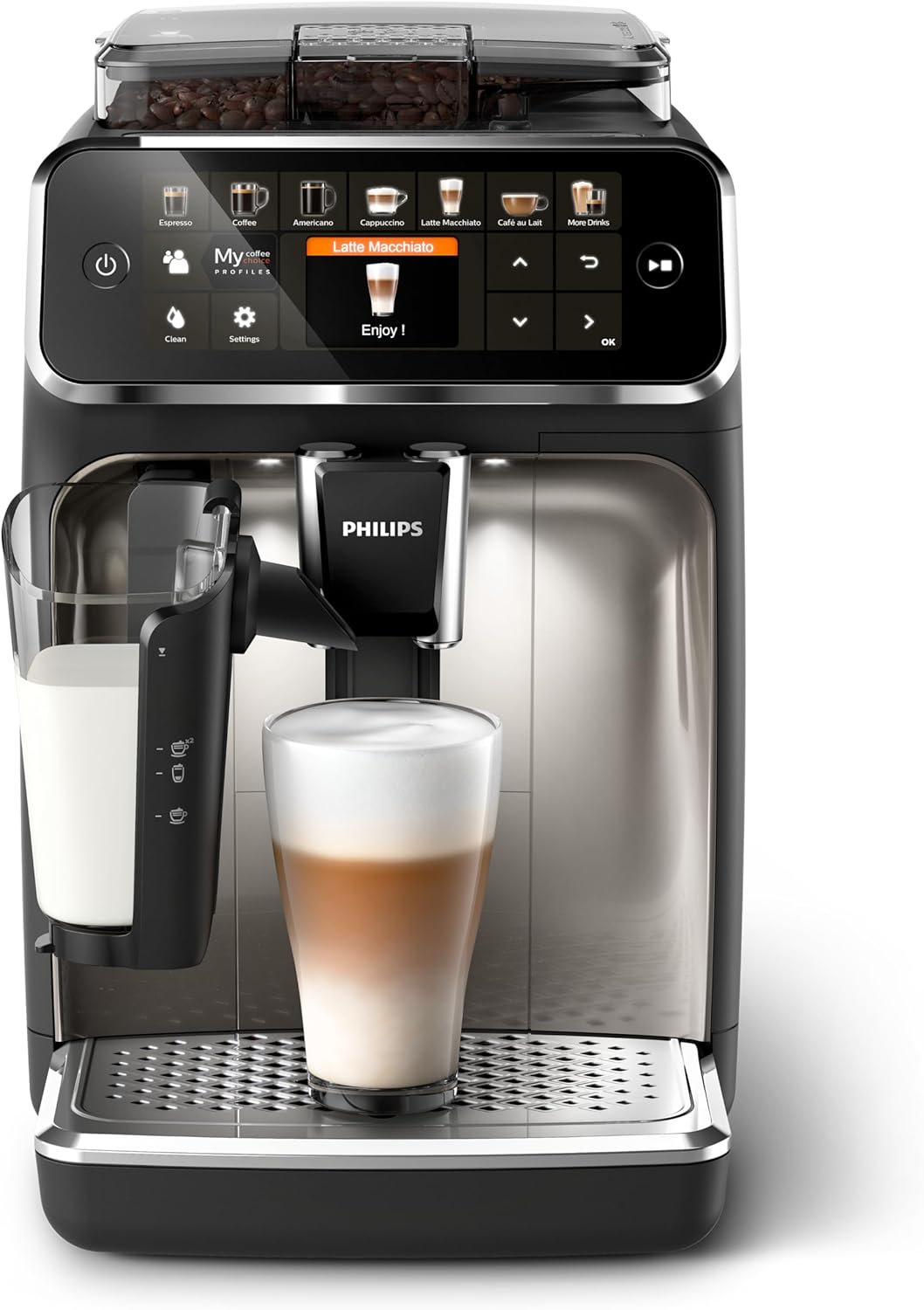 Philips Serie 5400 Kaffeevollautomat - LatteGo, 12 Getränke, Milchaufschäumer, Touchscreen, 4 Profile, Chrom-Finish (EP5447/90)