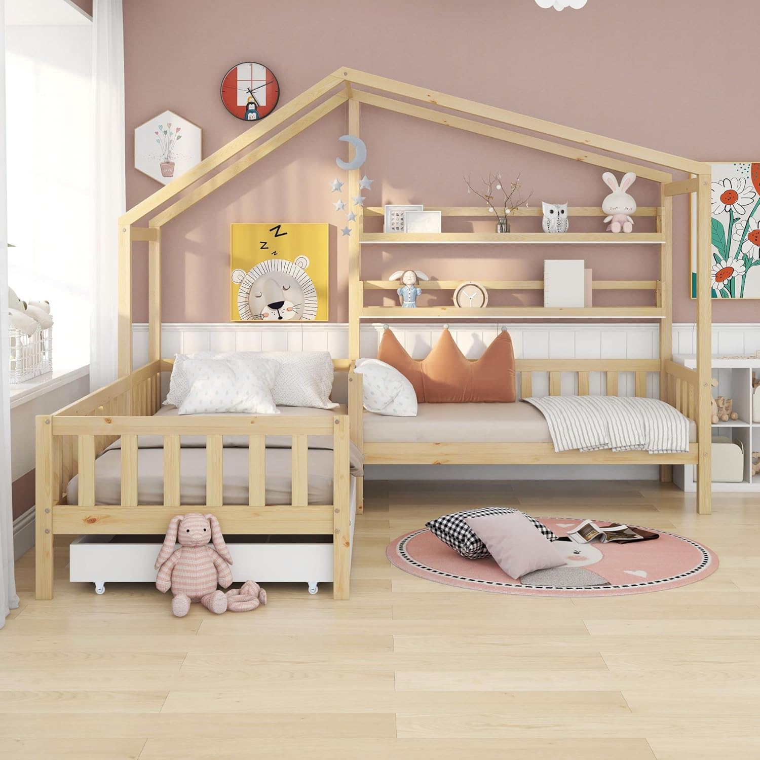 Lexiou Kinderbett Hausbett mit Schubladen und Regalen, Massivholz mit Zaun und Lattenrost, L-Struktur (Natur)
