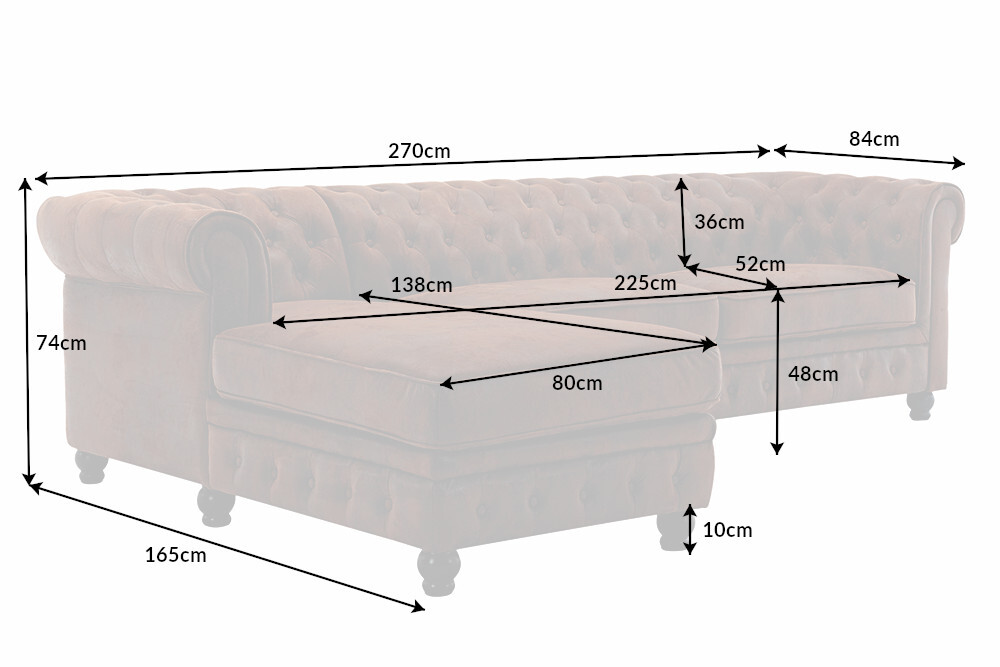 Design Ecksofa CHESTERFIELD 270cm antik braun Microfaser Federkern Ottomane links Vintage