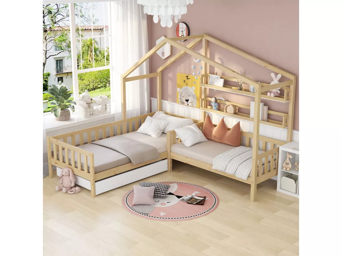 Lit d'enfant Lit de maison avec tiroirs et étagères, en bois massif avec clôture et sommier à lattes, structure en L, naturel (90x200 cm+140x70cm)