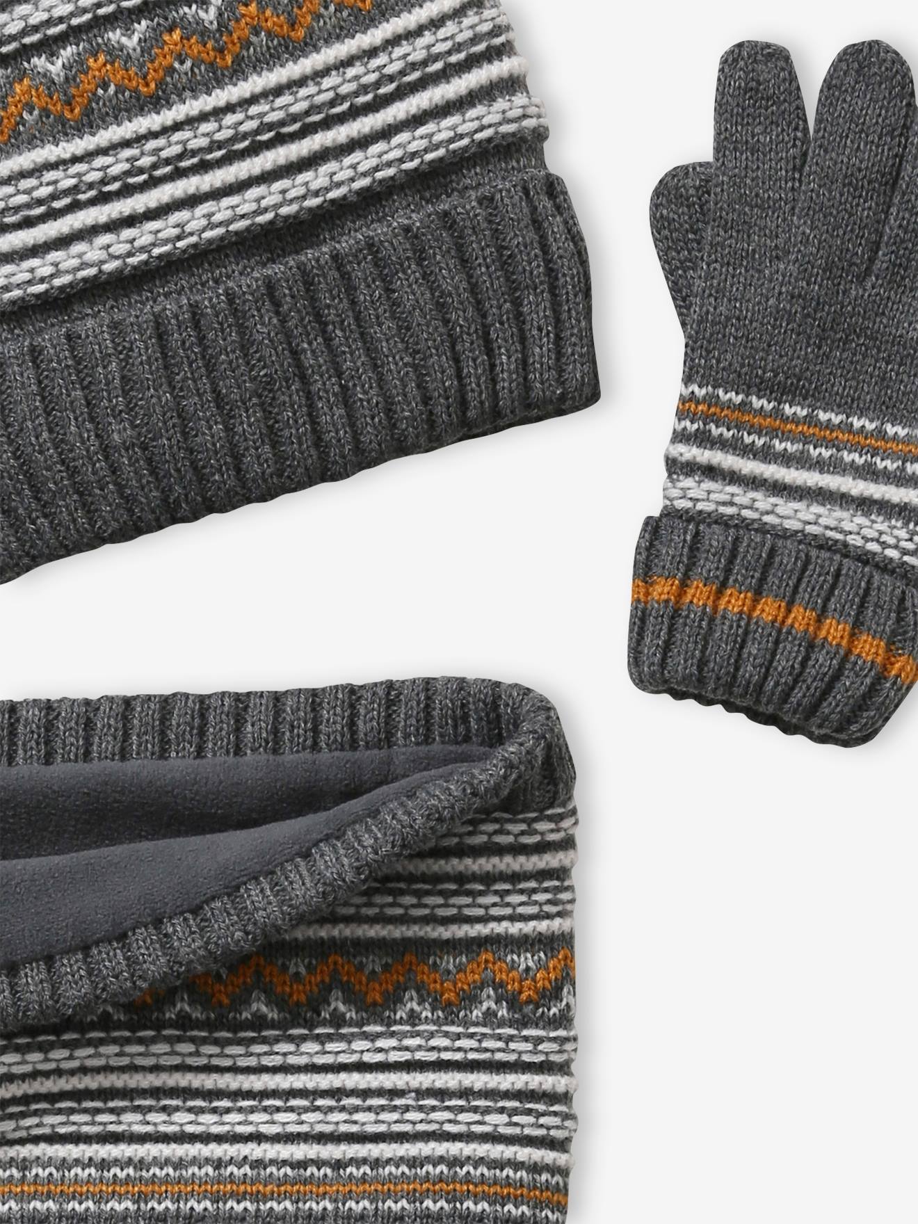 Conjunto de gorro + cachecol tubular + luvas de tricô jacquard, para menino, cinza médio bicolor/multicolorido