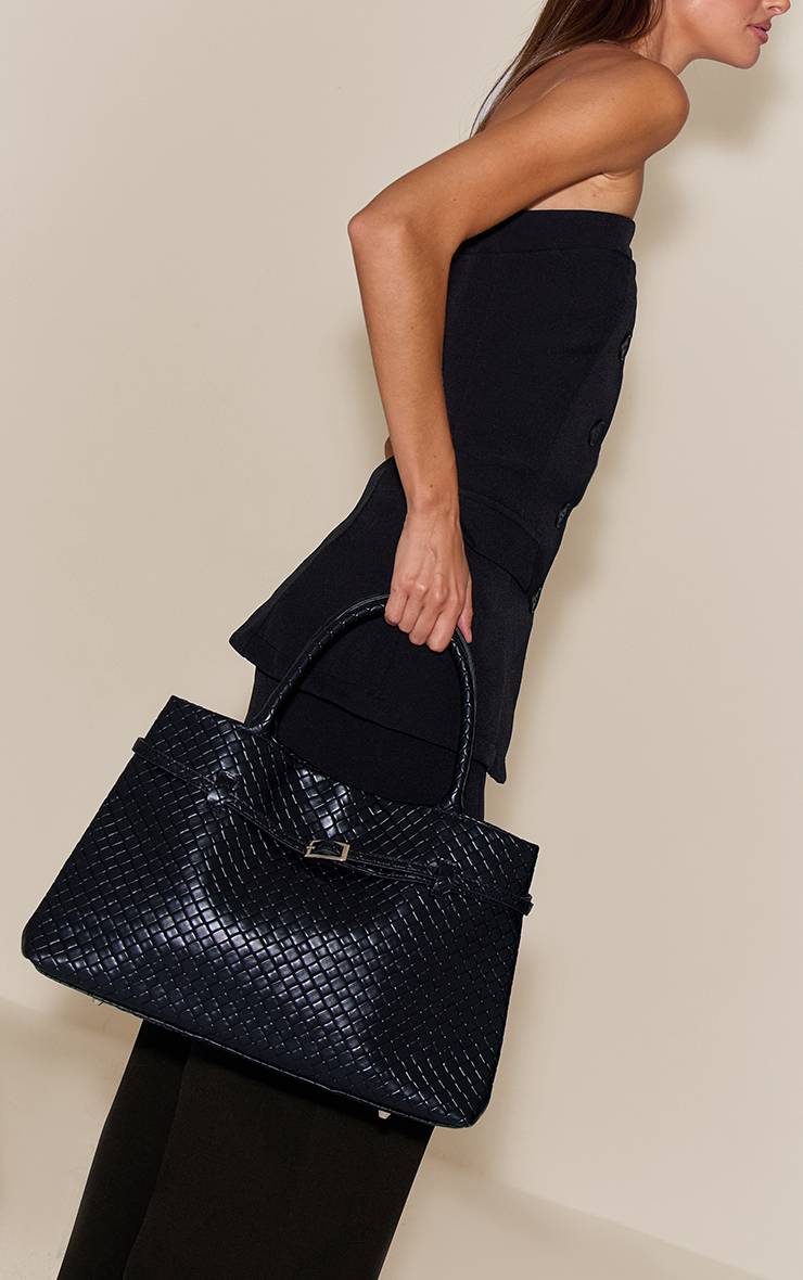 Noir Sac À Main En Synthétiquecuir Tressé Avec Détail Ceinture