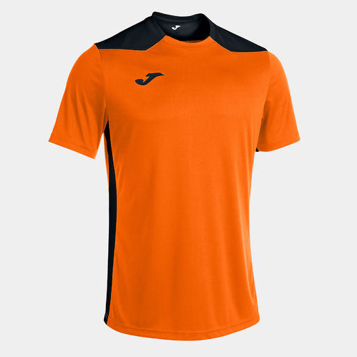 Camiseta Joma Championship VI de manga curta, laranja e preta.