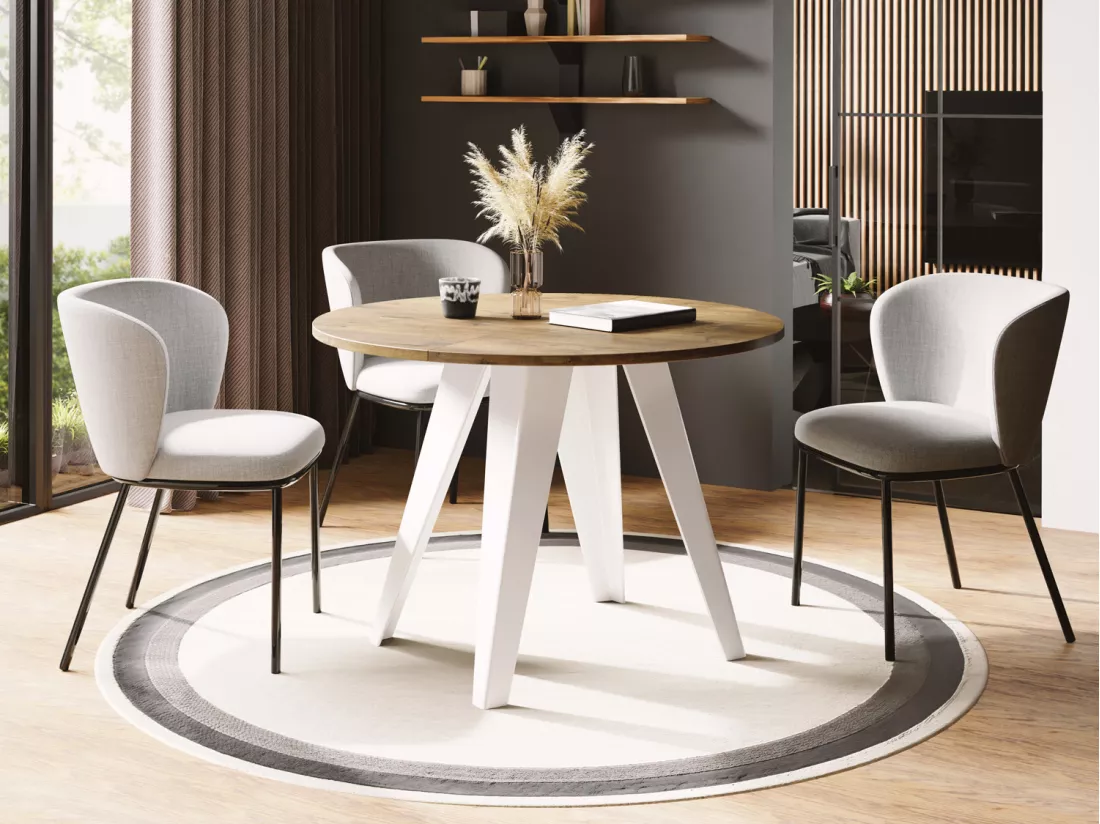 Table De Salle à Manger Ronde De Style Industriel - Moderne - Extensible De 100 Cm à 140 Cm - Pieds Métalliques Blancs - Compacte - Chêne Lancelot