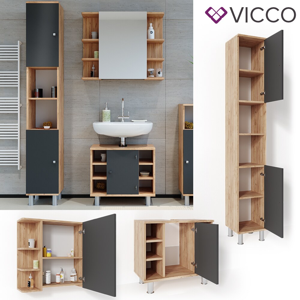 VICCO Badmöbel Set FYNN Eiche Anthrazit Spiegelschrank Unterschrank Hochschrank