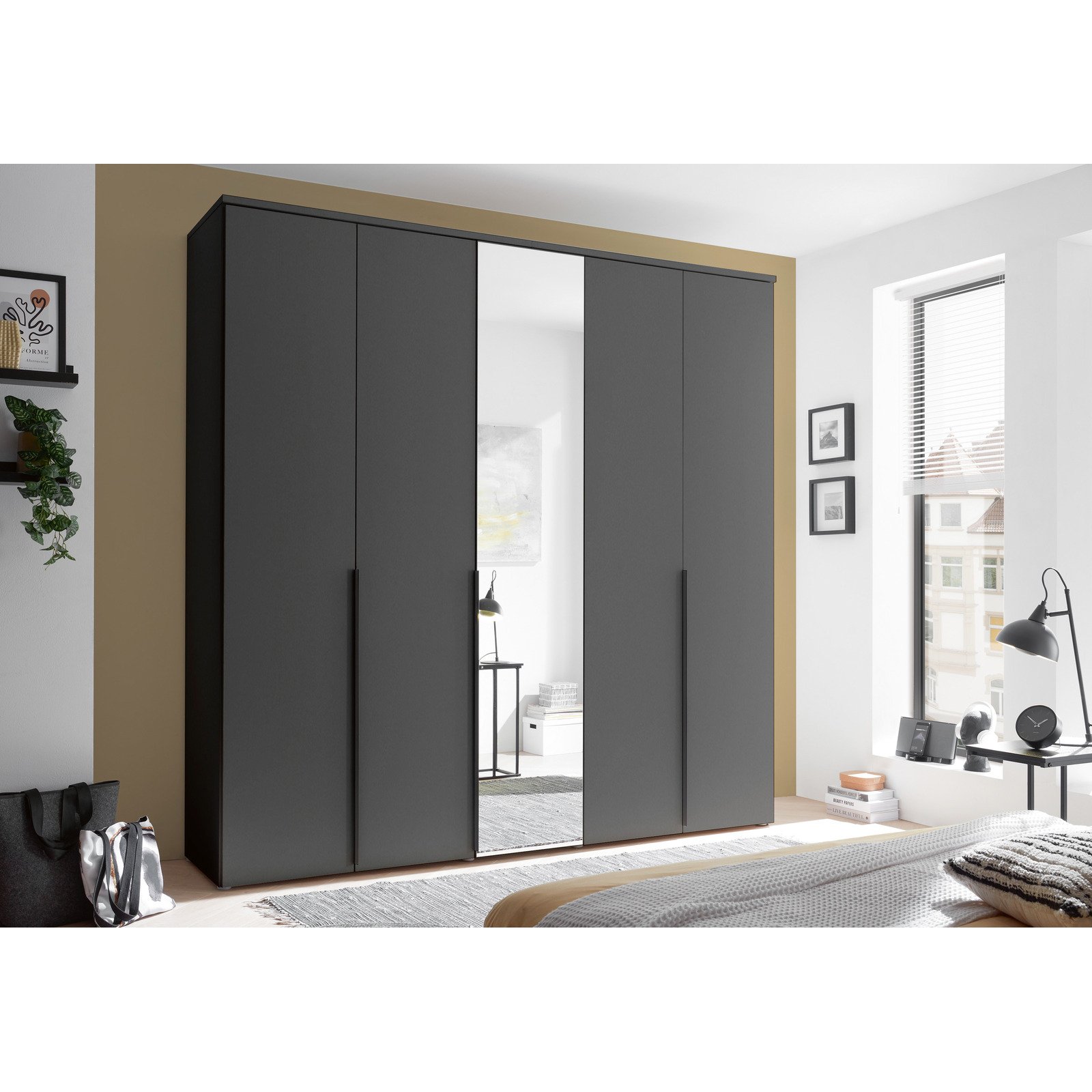 Drehtürenschrank Kevo Dekor 225 x 225 x 52 cm, mit Spiegel graphit