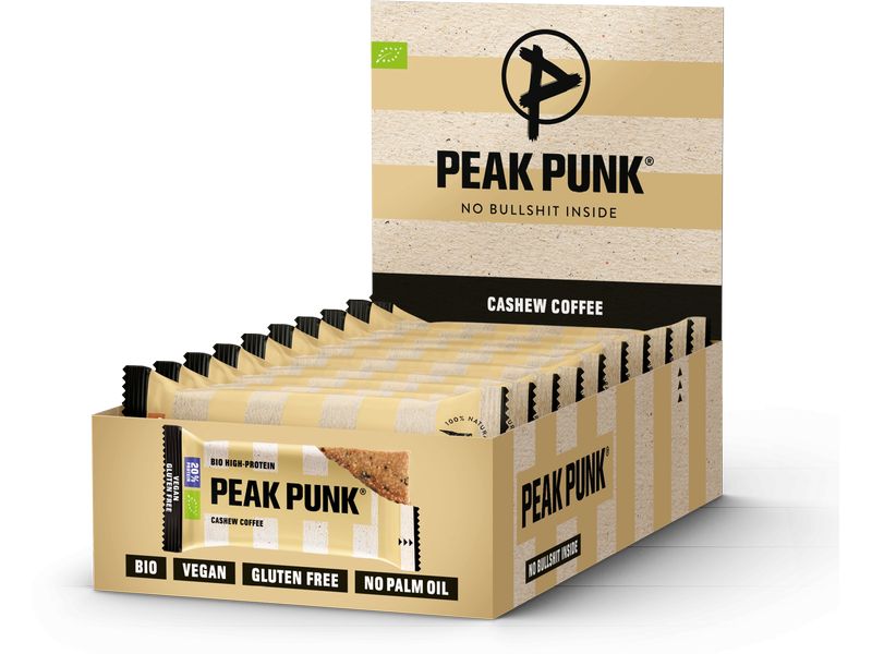 PEAK PUNK Bio Oat Protein – Crunchy Coffee 12 x 55 g Biologisch zertifizierter Riegel mit Kaffee- und Cashew-Geschmack