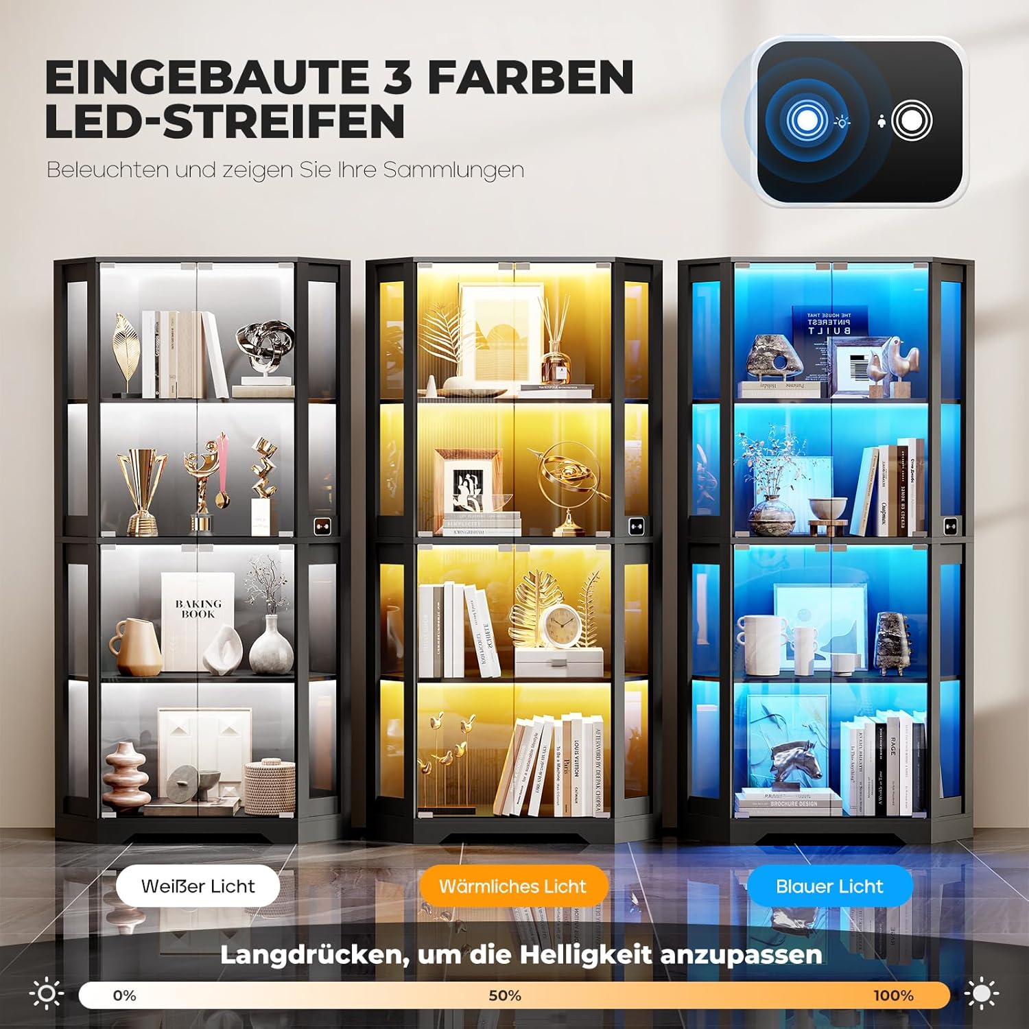Eckvitrine mit Glastüren, Tall 165cm Eck Bücherregal mit 3 Farben Led Beleuchtung, 4-Ebenen Vitrinenschrank mit Intelligente Sensorik für Wohnzimmer Schlafzimmer Büro, Schwarz