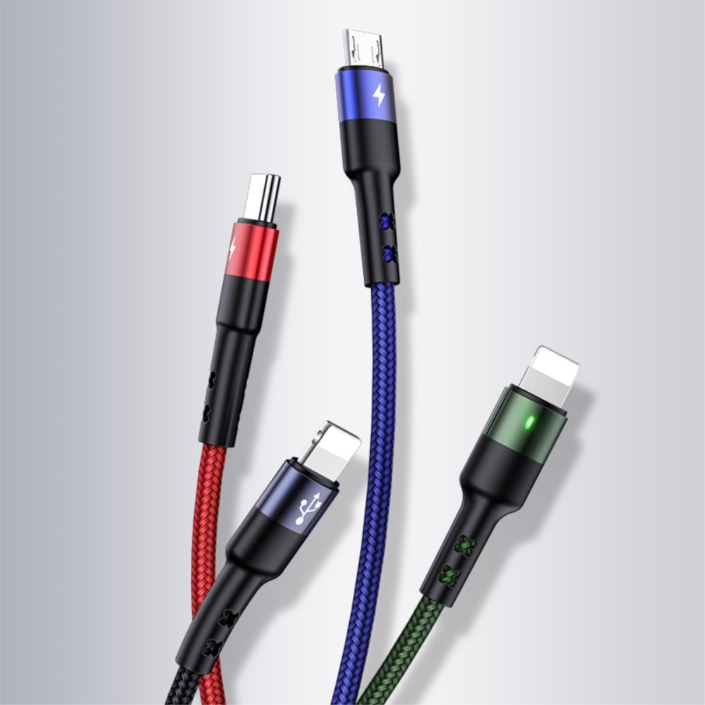 (1.2m) 4in1 USB 2A Ladekabel Nylon Geflecht - 2 x Lightning / 1 x Micro USB / 1 x USB C