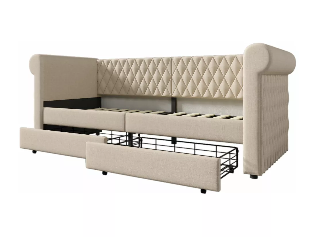 Canapé-lit rembourré avec tête de lit rétro 90x200 cm, avec 2 tiroirs de rangement, beige (sans matelas)