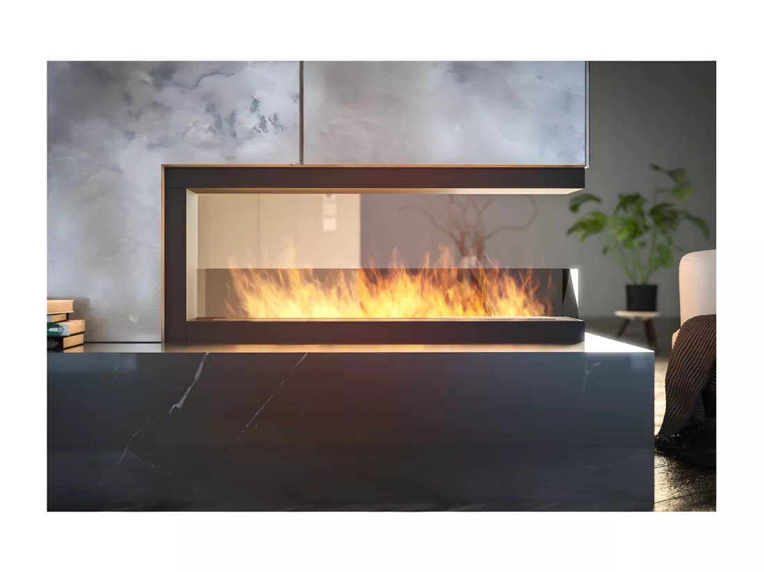 Cheminée au bioéthanol encastrable design U1200 avec vitre ouverte sur 3 côtés brûleur 3 litres