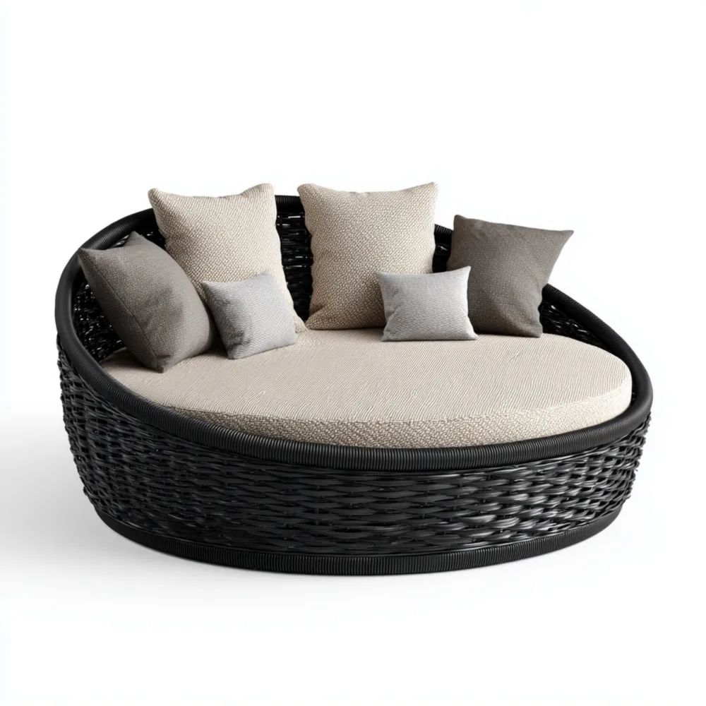 Runde Gartenliege Polyrattan 180x180x60 cm – Schwarz/Beige – Modernes