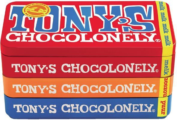 Tony's Chocolonely - Puur-Melk en Karamel Zeezout - Blik 540gr - 8 Stuks