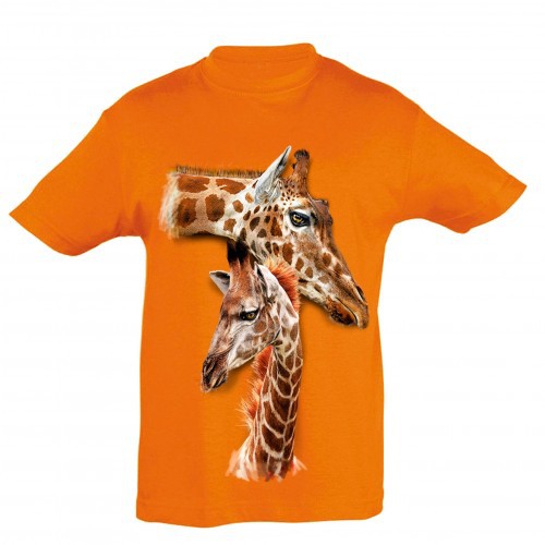 Camiseta infantil laranja com estampa de girafas da Ralf Nature