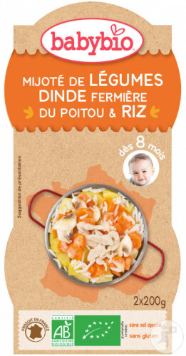 Babybio Mijoté De Légumes Dinde Fermière Du Poitou Et Riz Bébés 8+ Mois 2x200g