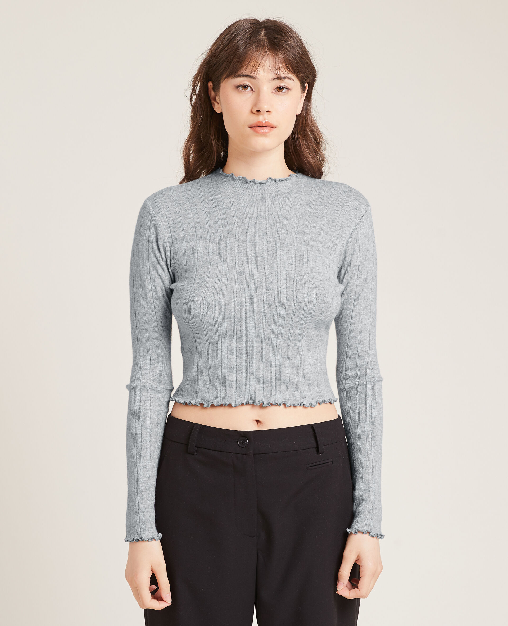 Pull maille fine côtelée - Gris clair