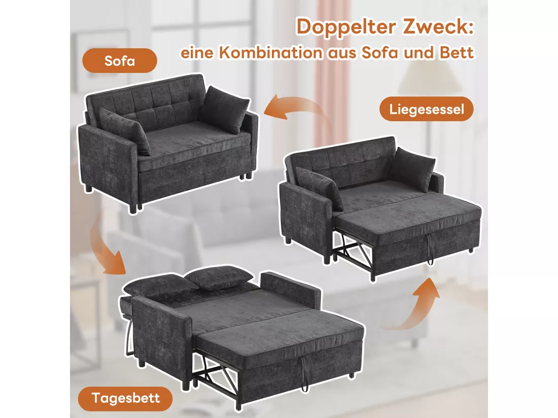 Canapé convertible 2 places, Canapé-lit pliant en tissu chenille - 142 x 79/174 x 85 cm - avec fonction sommeil et dossier réglable - Noir