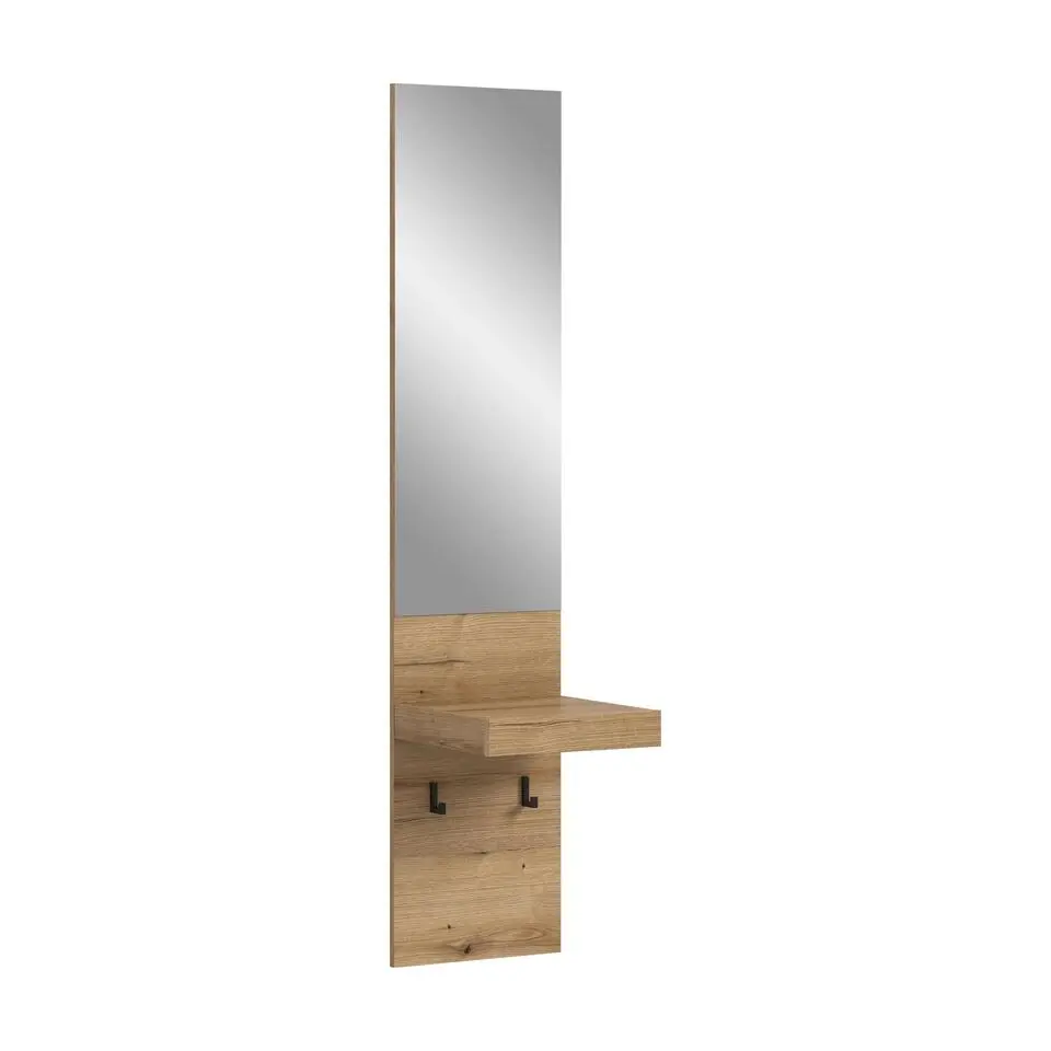 Hioshop Naro kapstok met spiegel- plank- haken 2 haken eiken decor