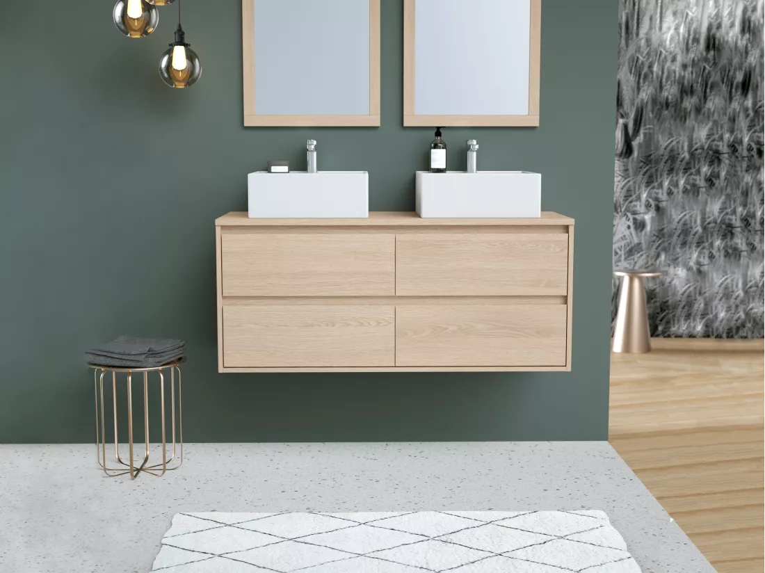 Meuble sous vasque suspendu avec planche - Placage chêne - 120 cm - MILIPAM