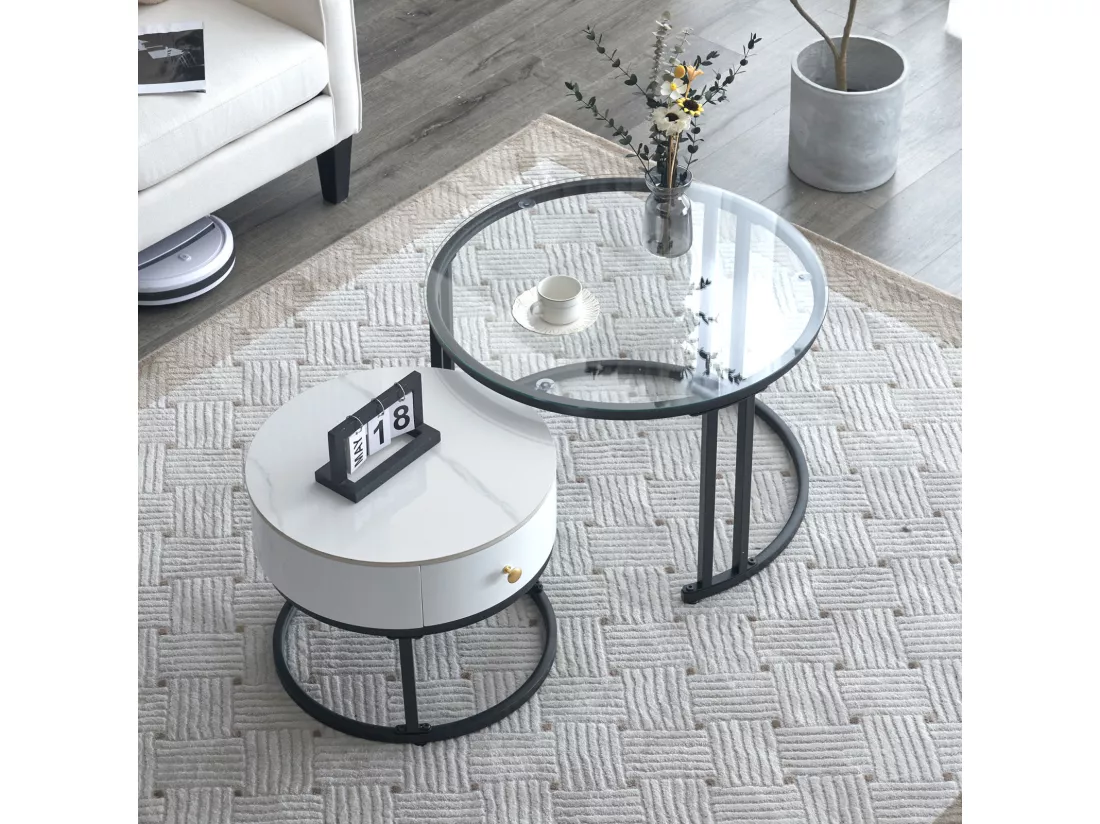Lot de 2 table basse gigogne - table ronde, cadre en noir plateau en verre et ardoise marbrée blanc avec 1 tiroir - ø70x45,5+ø50x40cm