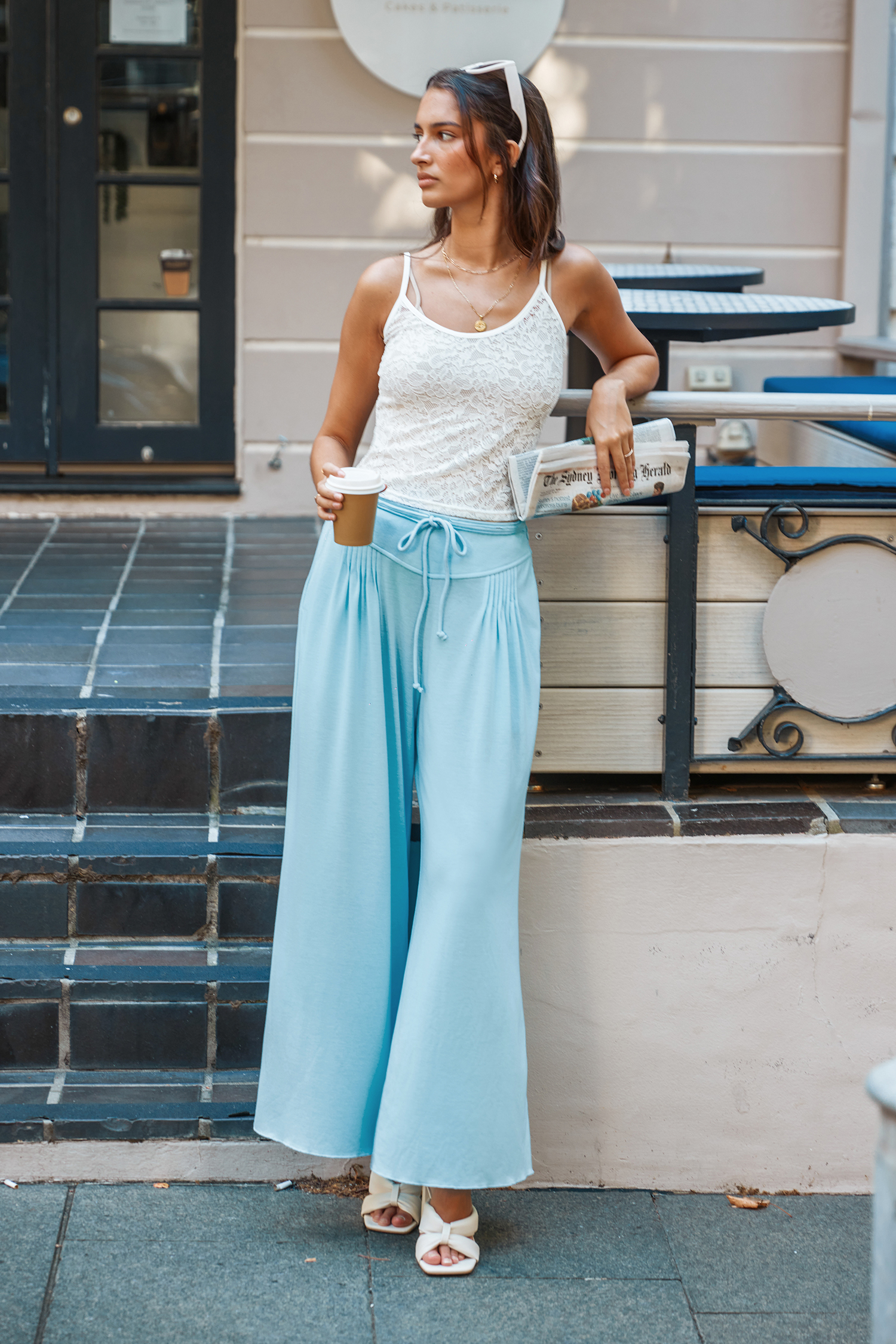 Pantalon en jersey à nervure et jambes larges bleu clair