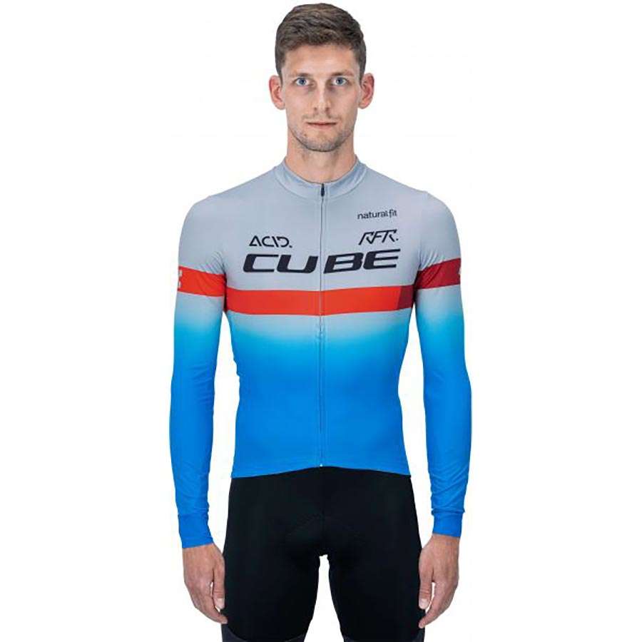 Cube Teamline Fietsshirt Lange Mouwen Blauw/Rood/Grijs Heren