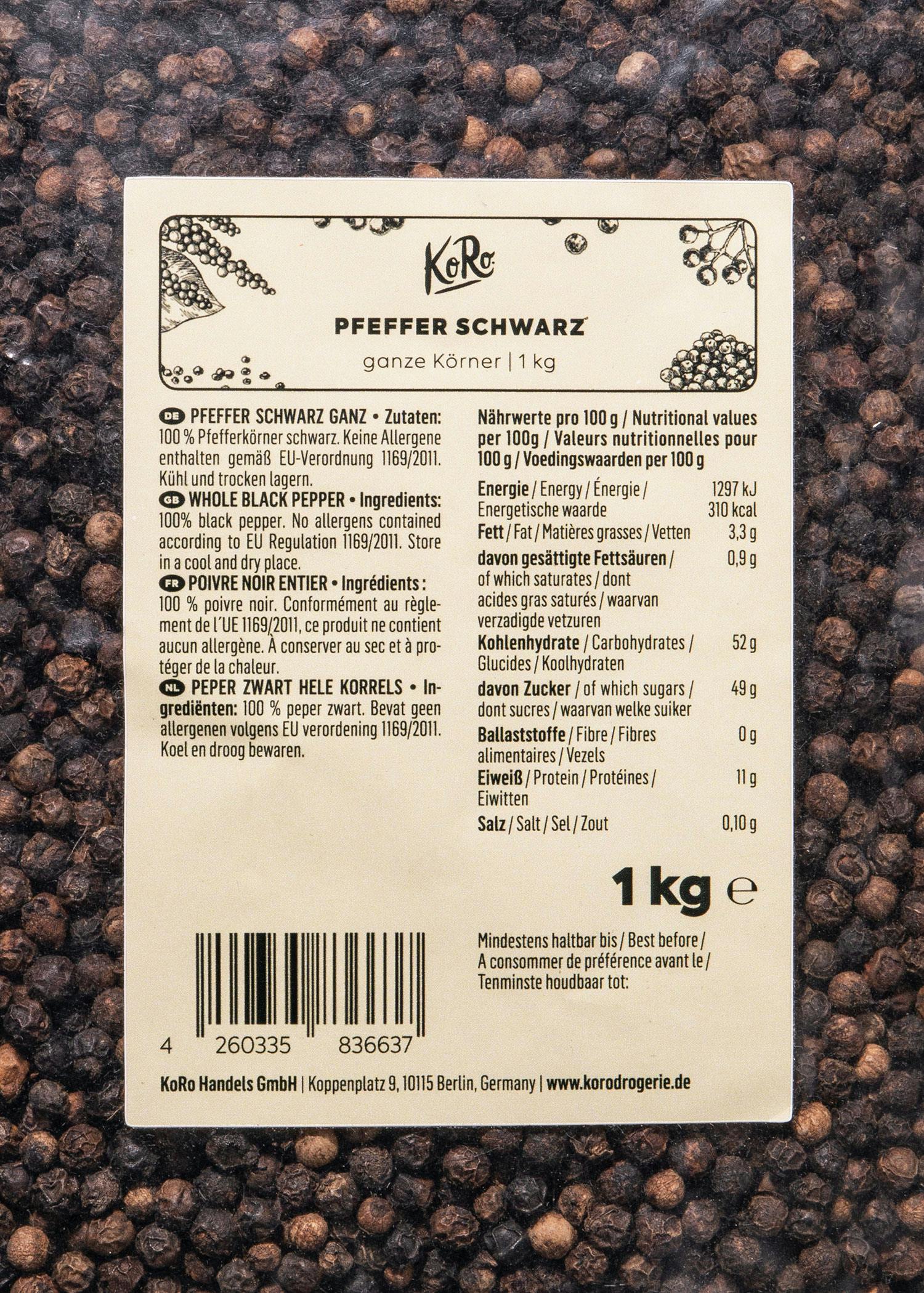 Ganze schwarze Pfefferkörner 1 kg