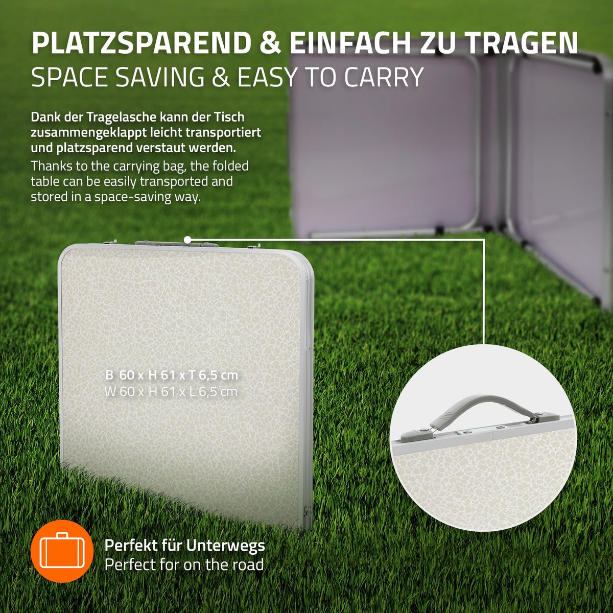 ECD Germany Campingtafel, Opvouwbare tafel met handgreep, 120x60x55/63/70 cm, Wit crème, Gemaakt van aluminium en MDF - Hoogte verstelbaar, Opvouwbaar - Opvouwbare tafel, Tuintafel, Balkontafel, Reistafel, Werktafel