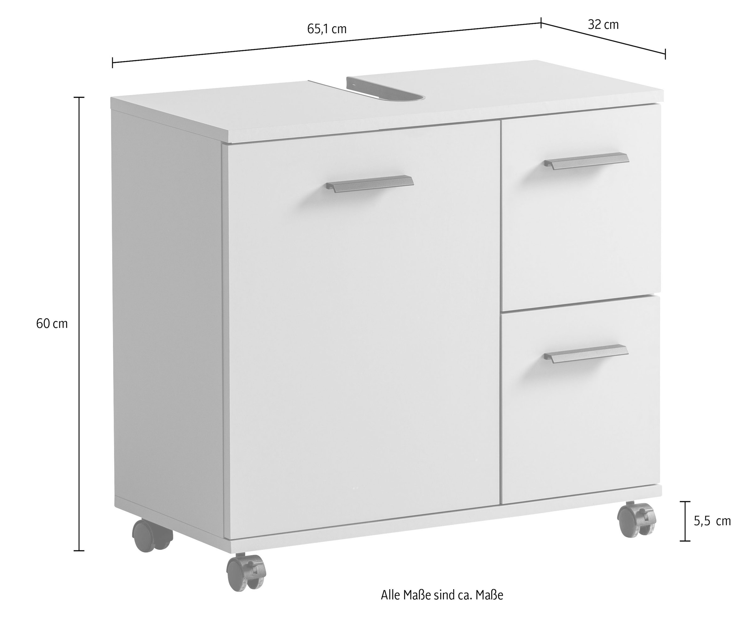 welltime Waschbeckenunterschrank »Emmi, Breite 65 cm made in Germany« Siphonausschnitt, Metallbeschläge