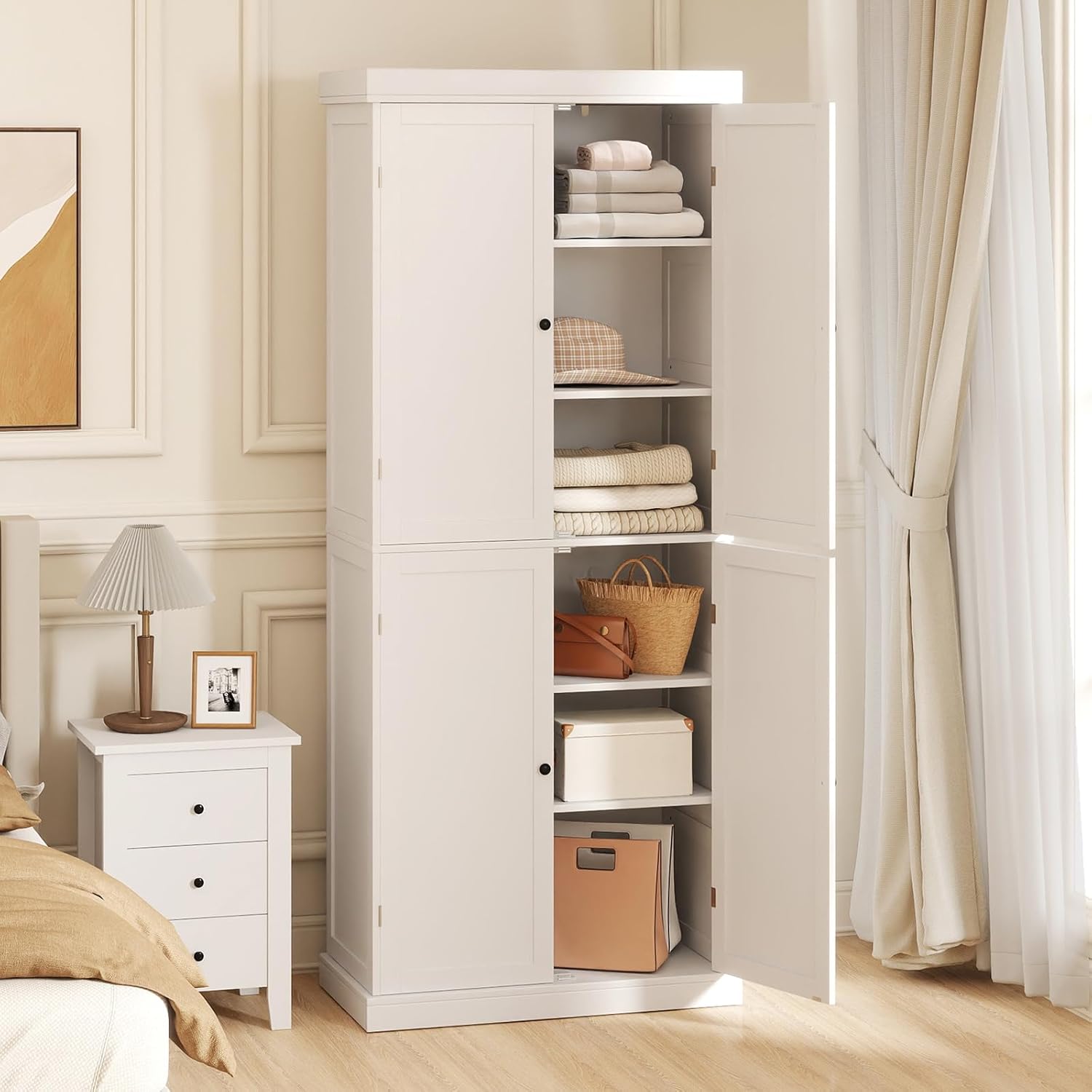 COSTWAY 6 stöckiger Küchenschrank, Hochschrank Küche mit 4 Türen & verstellbaren Regalen, Vorratsschrank freistehend, für Badezimmer, Wohnzimmer, Esszimmer, Büro, 76 x 40 x 184,5 cm, Weiß