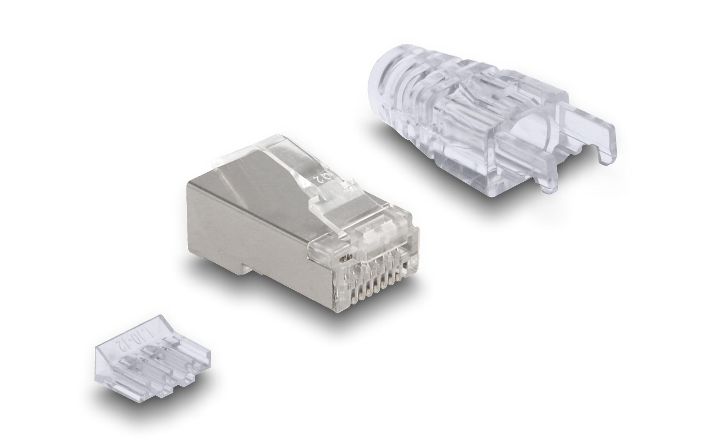 Stecker RJ45, FTP, Cat.6 50 Stück, TransparentDelock RJ45 Modularer Stecker mit gebogener Rastnase Cat.6 und Knickschutztülle 50er Set