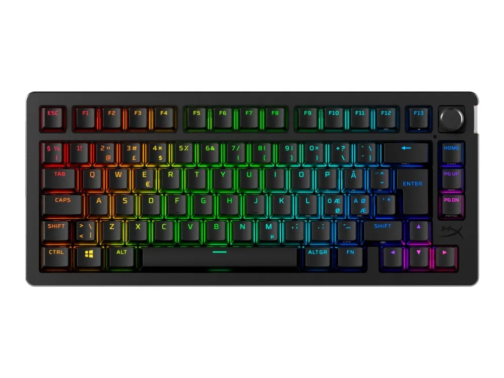 HyperX Alloy Rise - Tastatur - 1000 Hz pollingfrekvens, 100% anti-ghosting, 80 millioner tastetryk - 75% - bagbelyst - trådløs - 2.4 GHz, Bluetooth, USB-C - tastkontakt: HyperX Linear - sort