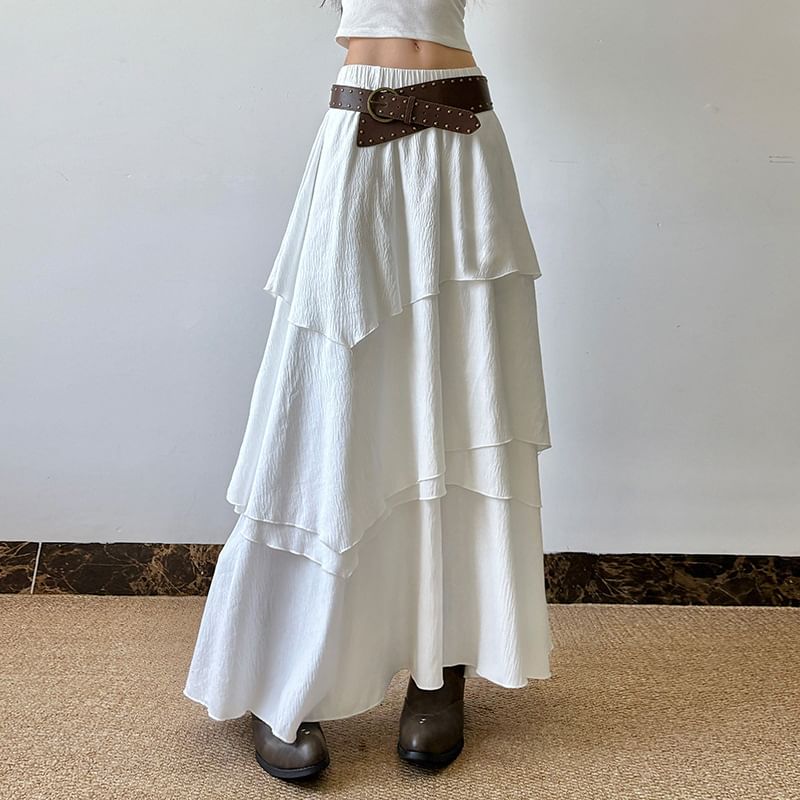 Puffie - Hoge taille effen maxi gelaagde A-lijn rok
