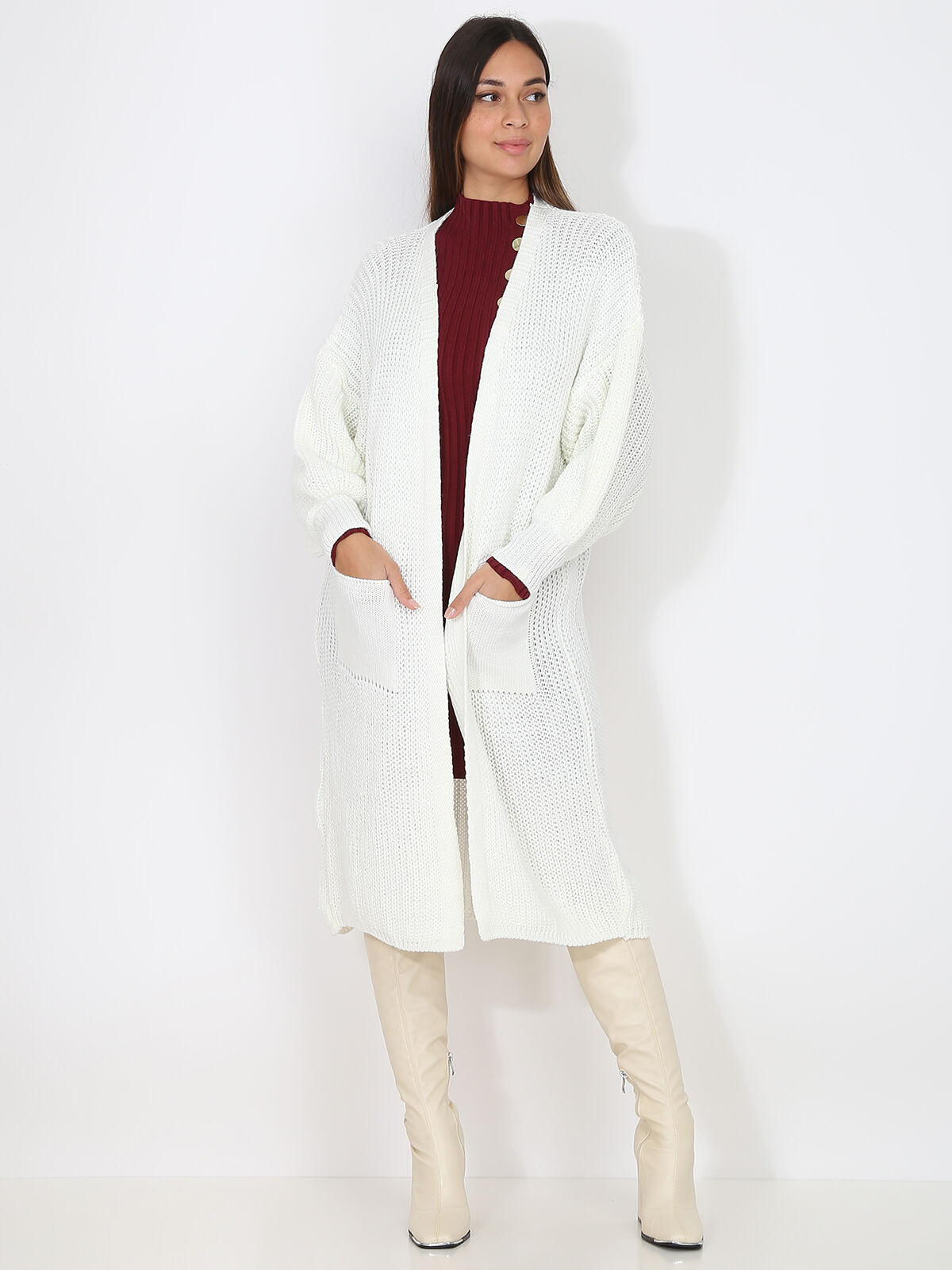 Gilet long en maille ajourée- Blanc
