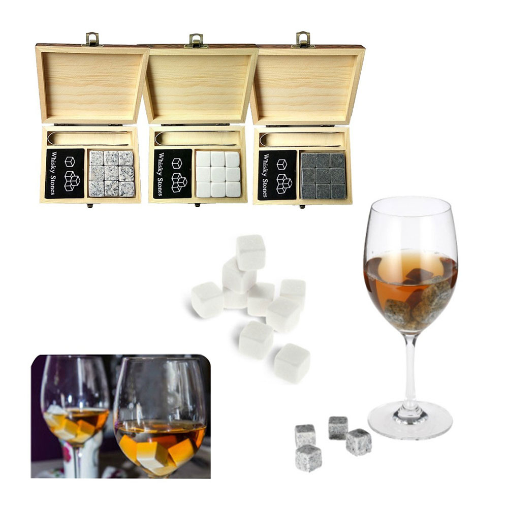 (12-tlg. Set) Edle Whisky Eiswürfel Steine mit Zange / Aufbewahrungstasche / Holzbox - Grau