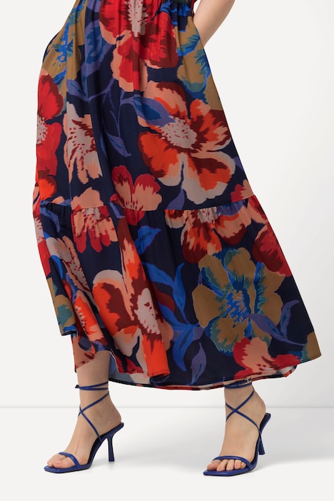 Maxikleid, Blüten, A-Linie, V-Ausschnitt, Halbarm