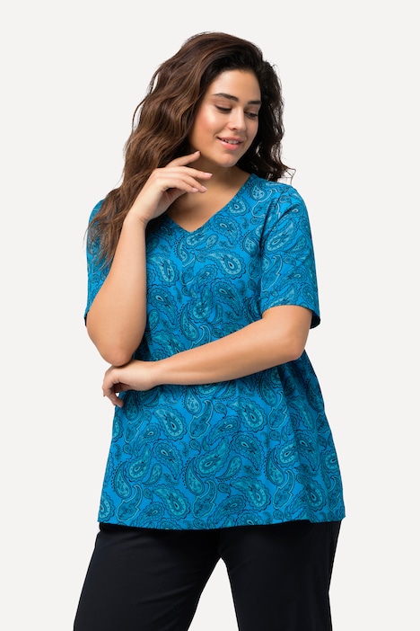 T-Shirt, Paisley, A-Linie, V-Ausschnitt, Halbarm