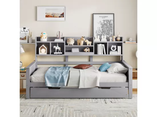 Canapé-lit gigogne 90x200 cm - Lit gigogne 90x190 cm - avec rangement - sommier à lattes - pin multi - gris (matelas non inclus)
