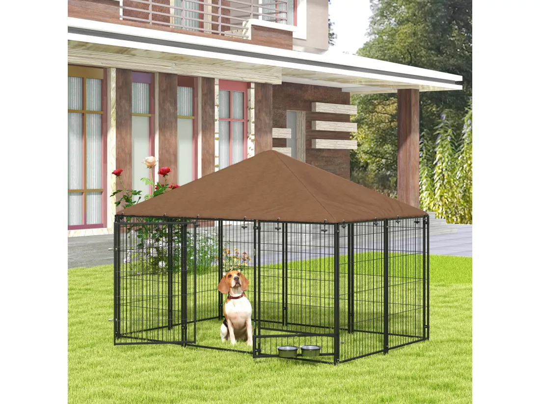 Chenil extérieur couvert pour chien 2 supports gamelles rotatifs porte verouillable acier noir
